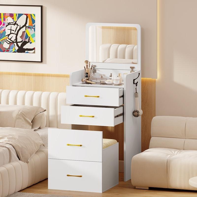 Beyaz MDF ve Cam Detaylı Açılır Aynalı Puf Dahil Makyaj Masası - 50x40x90 cm - 121789
