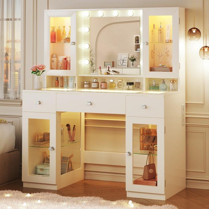 Beyaz MDF ve Cam RGB Işıklı Priz Çıkışlı Cam Tablalı Makyaj Masası-111 cm - 121588