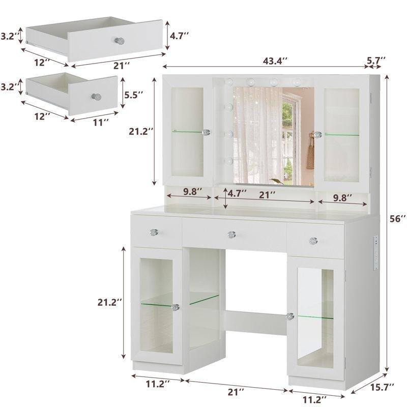 Beyaz MDF ve Cam RGB Işıklı Priz Çıkışlı Cam Tablalı Makyaj Masası-111 cm - 121588