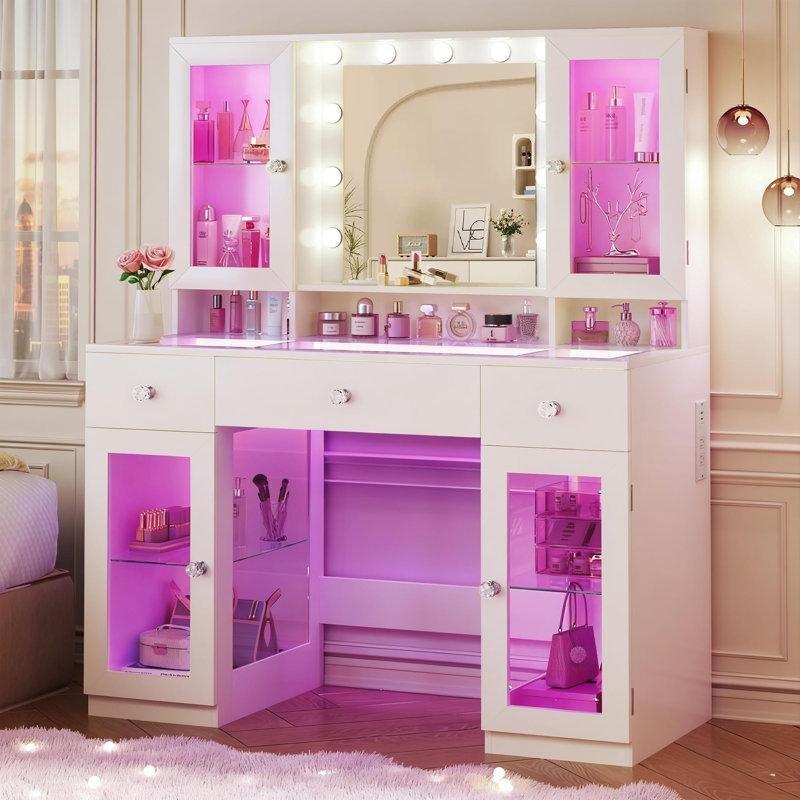 Beyaz MDF ve Cam RGB Işıklı Priz Çıkışlı Cam Tablalı Makyaj Masası-111 cm - 121588