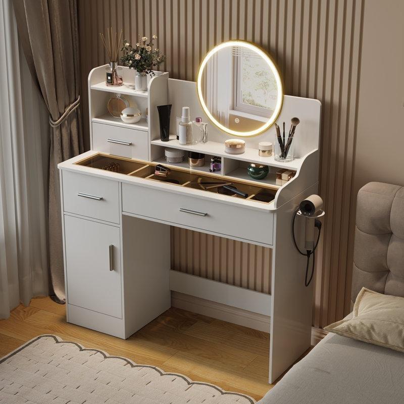 Beyaz MDF ve Cam Yüzeyli LED Aynalı Şarj İstasyonlu Makyaj Masası - 104x38x113 cm - 121684