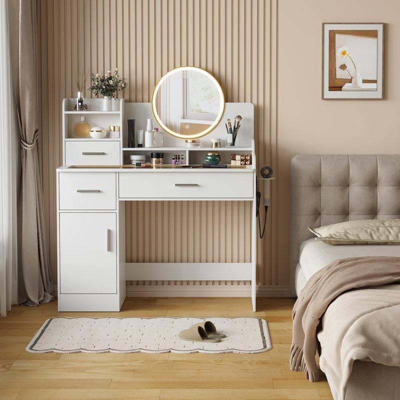 Beyaz MDF ve Cam Yüzeyli LED Aynalı Şarj İstasyonlu Makyaj Masası - 104x38x113 cm - 121684