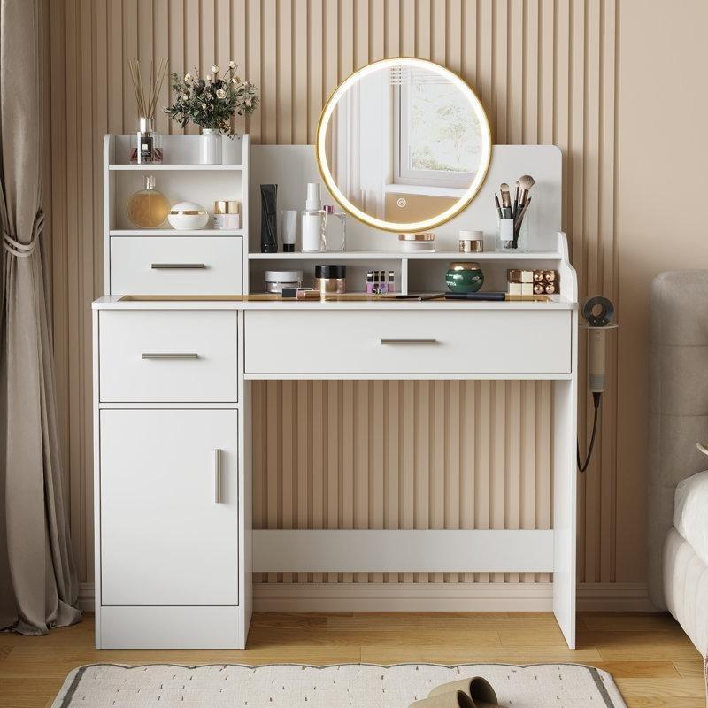 Beyaz MDF ve Cam Yüzeyli LED Aynalı Şarj İstasyonlu Makyaj Masası - 104x38x113 cm - 121684