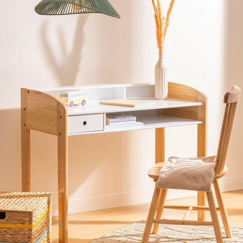 Beyaz MDF ve Geri Dönüştürülmüş Ahşap Çekmeceli Raflı Çocuk Bilgisayar Masası-100x52x85 cm - 116203