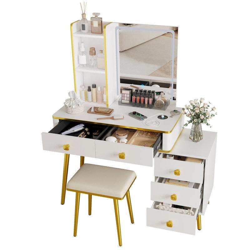Beyaz MDF ve Metal LED Işıklı Kablosuz Şarjlı Şifonyerli Makyaj Masası - 80 cm - 121489