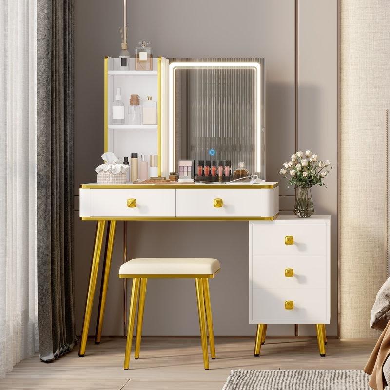 Beyaz MDF ve Metal LED Işıklı Kablosuz Şarjlı Şifonyerli Makyaj Masası - 80 cm - 121489