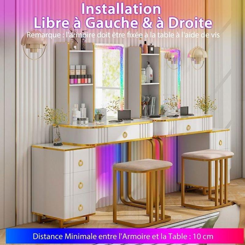 Beyaz MDF ve Metal RGB Led Aydınlatmalı Kablosuz Şarjlı Makyaj Masası - 80x40x137 cm - 122245