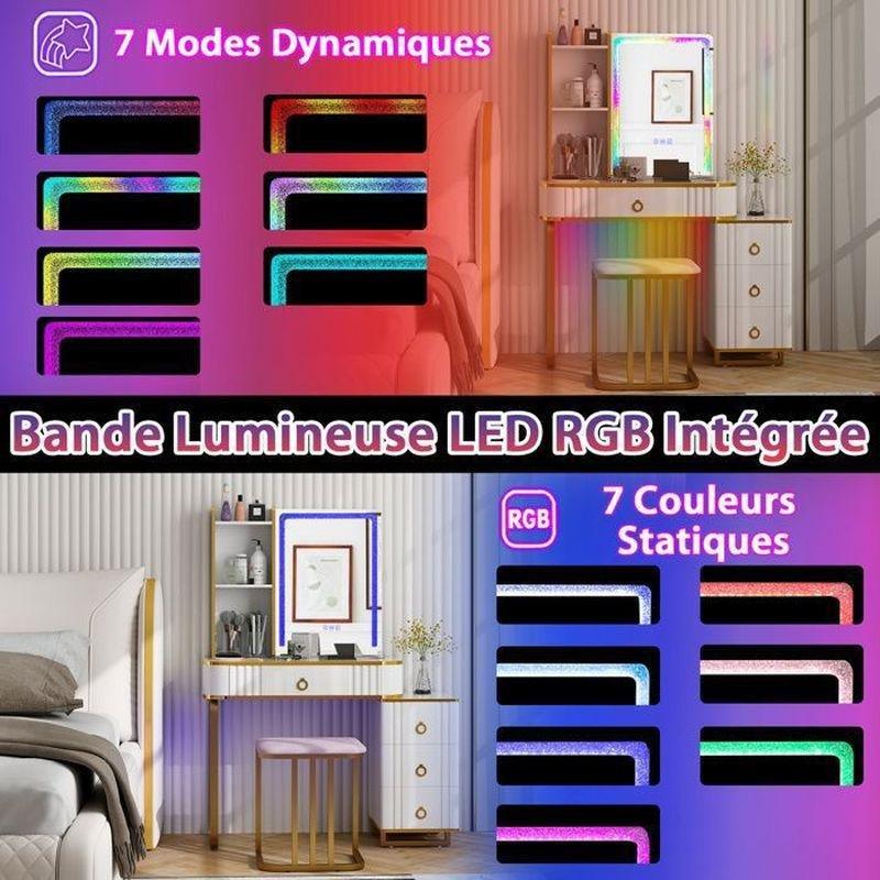 Beyaz MDF ve Metal RGB Led Aydınlatmalı Kablosuz Şarjlı Makyaj Masası - 80x40x137 cm - 122245
