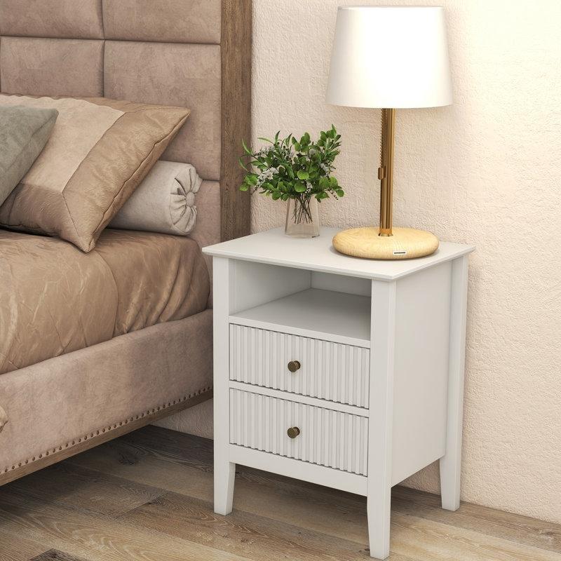 Beyaz MDF Yivli Tasarım 2 Çekmeceli ve Raflı Komodin - 45x36x59 cm - 127112