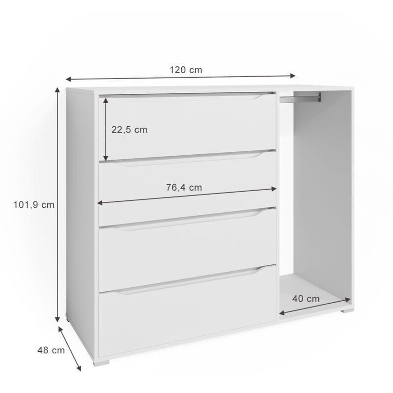 Beyaz Melamin Kaplama 4 Çekmeceli ve Askılık Bölmeli Şifonyer - 120x101 cm - 123380