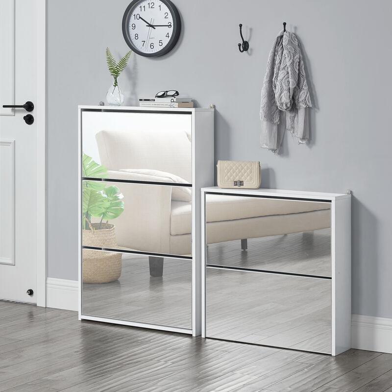 Beyaz Melamin Kaplı Düşer Kapaklı Aynalı Ayakkabılık - 63x17x67 cm - 118986