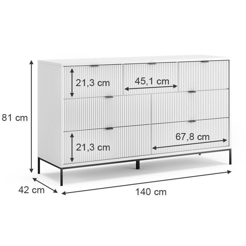 Beyaz Melamin Kaplı Fitilli Modern Tasarım 7 Çekmeceli Şifonyer - 140x81 cm - 123451