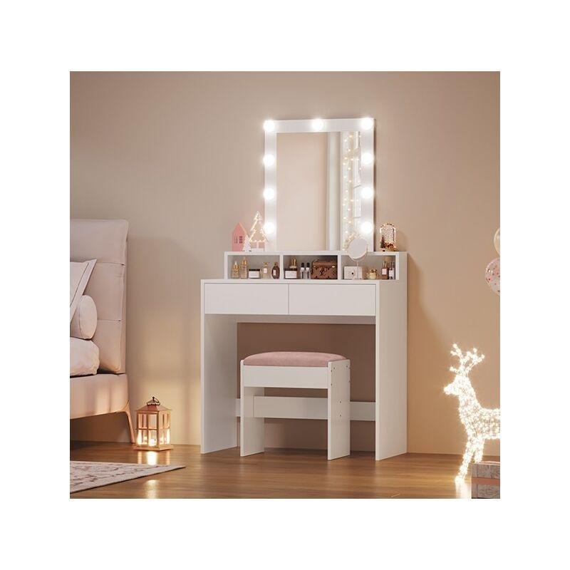 Beyaz Melamin Yonga Levha 9 LED Işıklı 2 Çekmeceli Aynalı Makyaj Masası - 80x40x145 cm - 122079