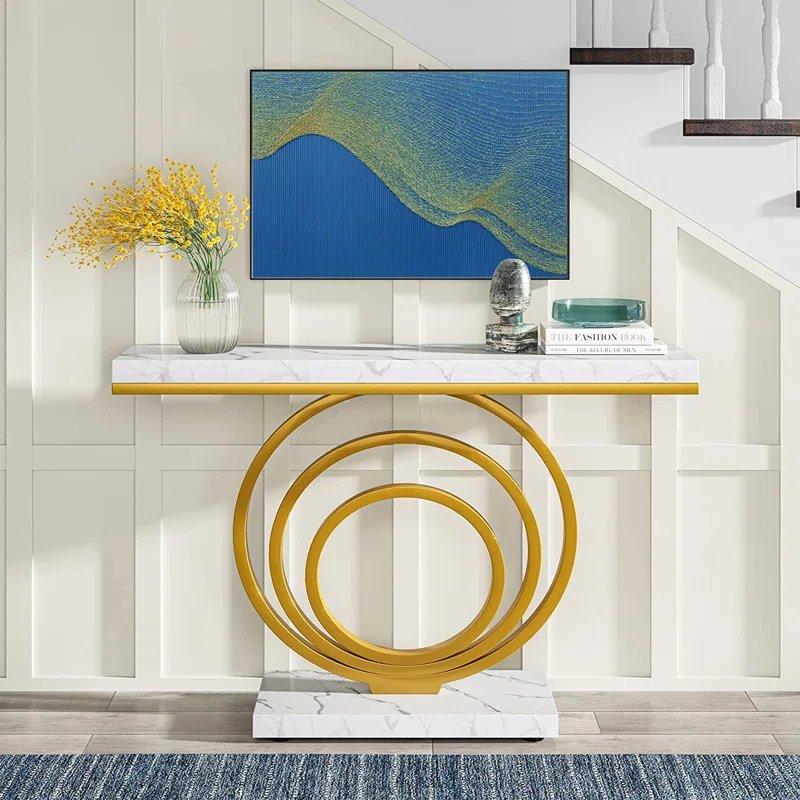 Beyaz Mermer Desenli Gold Paslanmaz Çelik Geometrik Tasarım Dresuar - 105x35x80 cm - 131935
