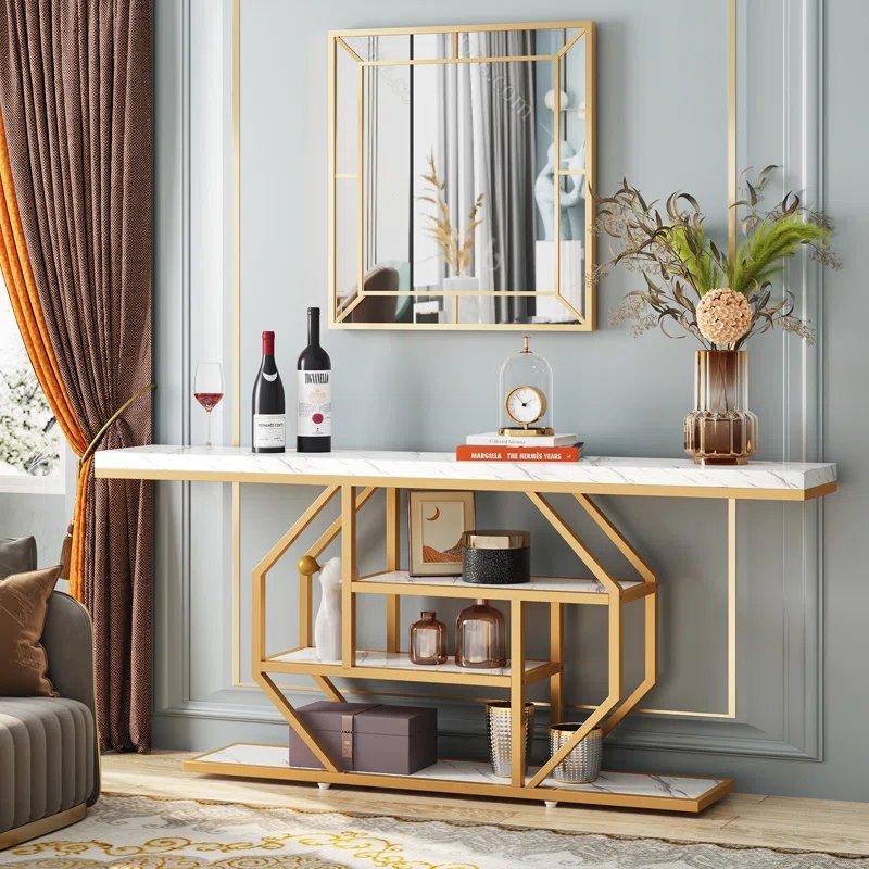 Beyaz Mermer Desenli Metal Ayaklı 4 Raflı Gold Dresuar - 180x30 cm - 131849