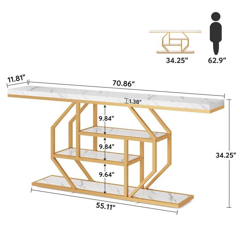 Beyaz Mermer Desenli Metal Ayaklı 4 Raflı Gold Dresuar - 180x30 cm - 131849