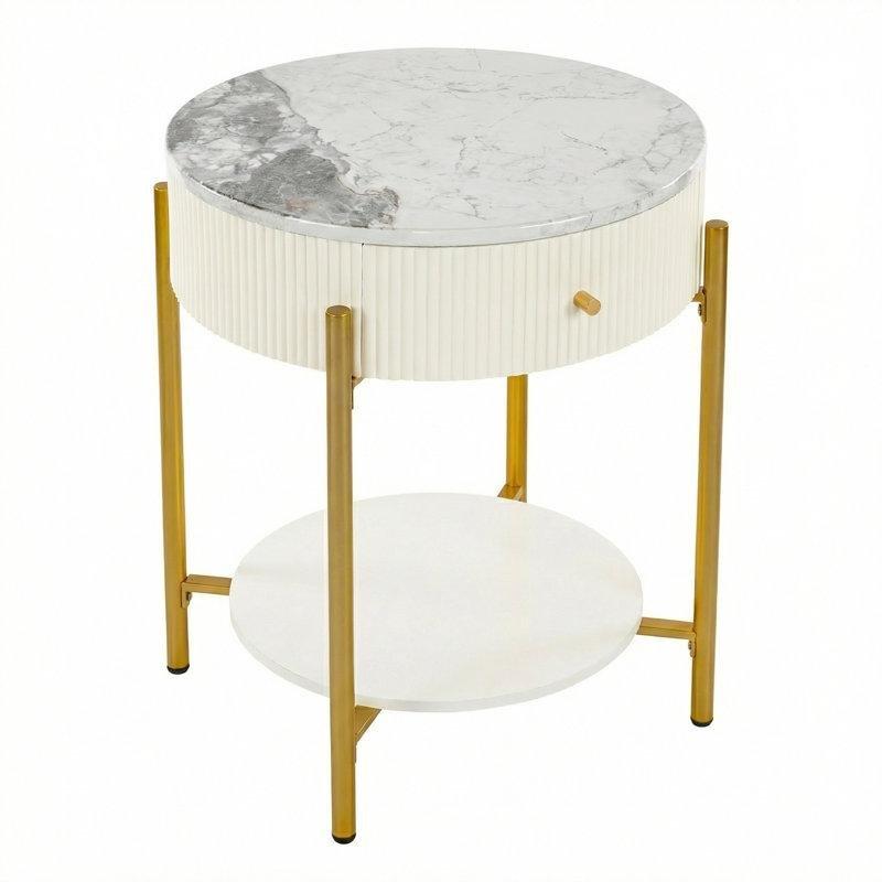 Beyaz Mermer Desenli Metal Ayaklı Çekmeceli Yuvarlak Komodin - 54x61 cm - 128170