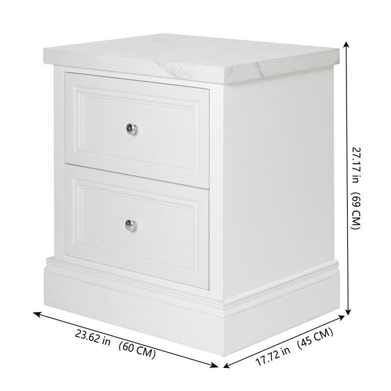 Beyaz Mermer Desenli Üst Tabla İki Çekmeceli Metal Kulplu Mermer Komodin - 60x45x70 cm - 128029