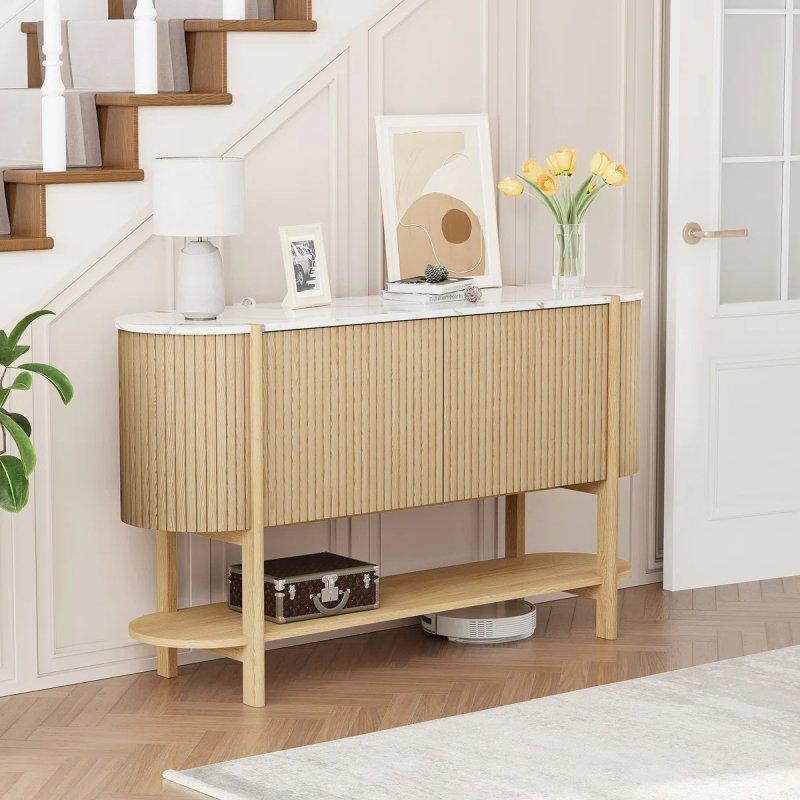 Beyaz Mermer Üst Tablalı Doğal Masif Ahşap Ayaklı Raflı ve Dolaplı Dresuar - 136x38x78 cm - 132135