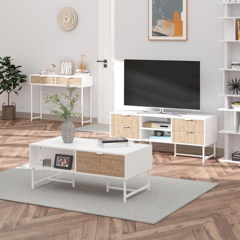 Beyaz Meşe Balıksırtı Desenli 2 Çekmeceli Metal Ayaklı Dresuar - 100x30x75 cm - 133958