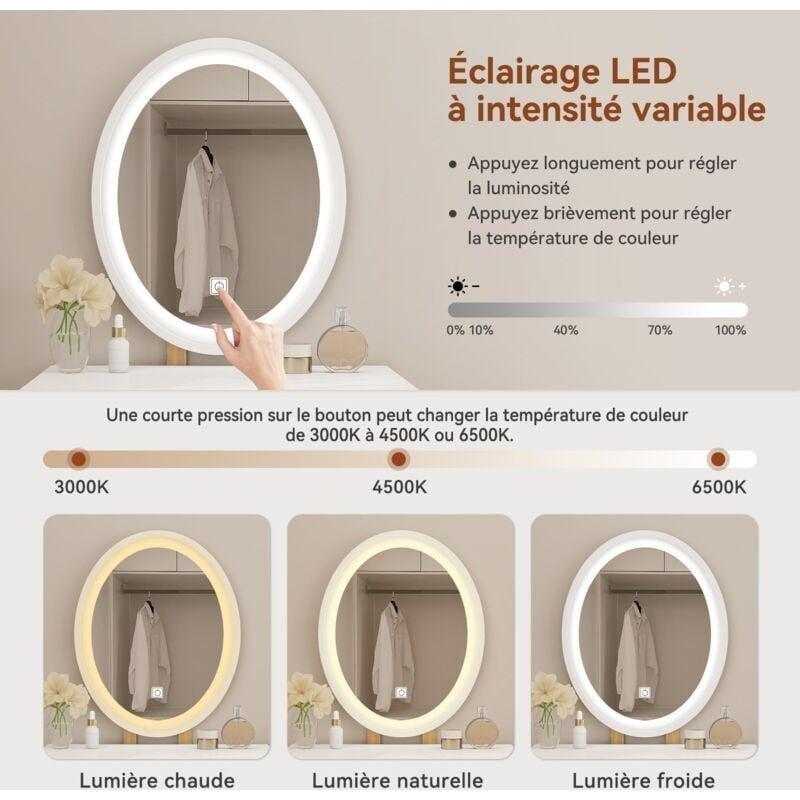 Beyaz Meşe Detaylı Masif Ayaklı LED Işıklı Yuvarlak Aynalı Çekmeceli Makyaj Masası - 61 cm - 121932