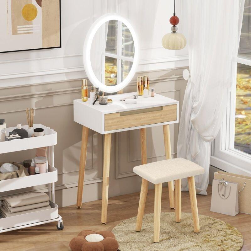 Beyaz Meşe Detaylı Masif Ayaklı LED Işıklı Yuvarlak Aynalı Çekmeceli Makyaj Masası - 61 cm - 121932