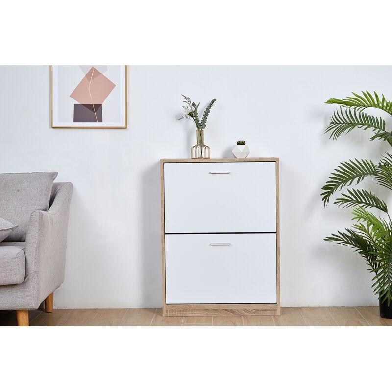 Beyaz Meşe Endüstriyel Ahşap 2 Bölmeli Düşer Kapaklı Ayakkabılık - 60x24x80 cm - 119176
