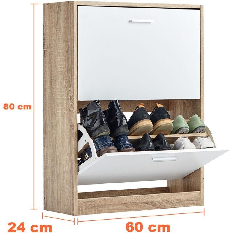 Beyaz Meşe Endüstriyel Ahşap 2 Bölmeli Düşer Kapaklı Ayakkabılık - 60x24x80 cm - 119176