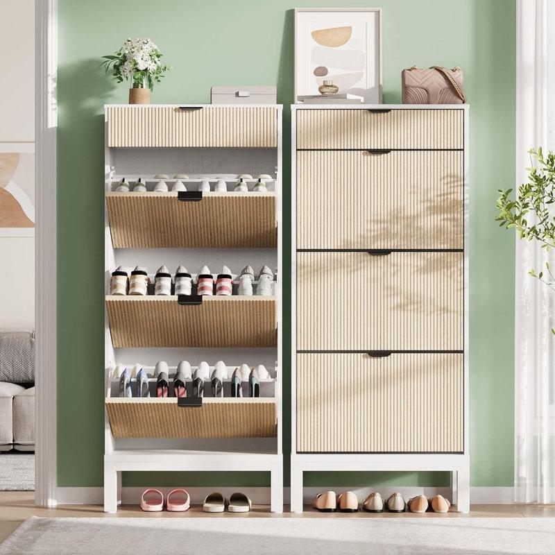 Beyaz Meşe Endüstriyel Ahşap 3 Düşer Kapaklı ve Çekmeceli Yivli Tasarım Ayakkabılık - 141x61x25 cm - 120901