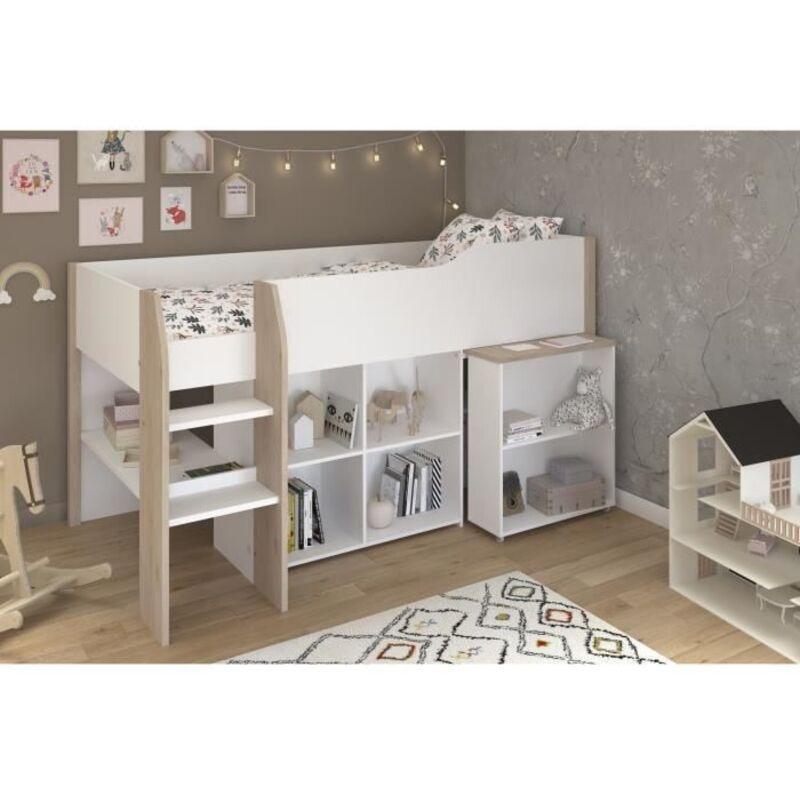 Beyaz Meşe Endüstriyel Ahşap Çekilebilir Masalı ve Raflı Ranza - 90x200 cm - 125051
