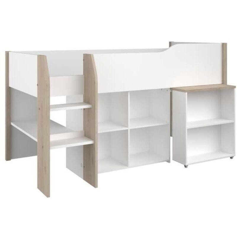 Beyaz Meşe Endüstriyel Ahşap Çekilebilir Masalı ve Raflı Ranza - 90x200 cm - 125051