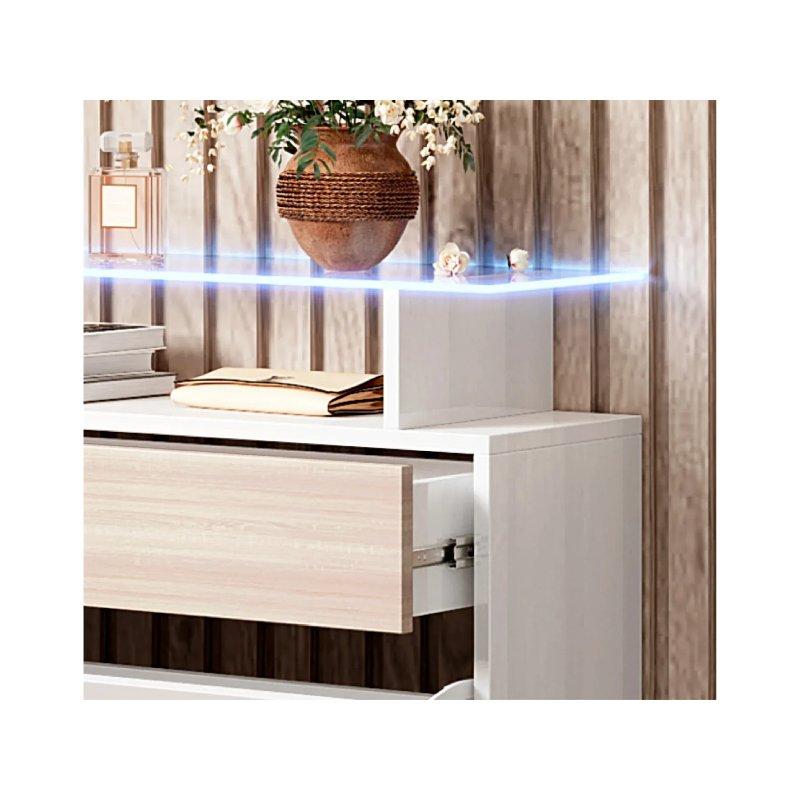 Beyaz Meşe Endüstriyel Ahşap LED Aydınlatmalı Cam Raflı Çekmeceli Ayakkabılık - 89x24x105 cm - 118531
