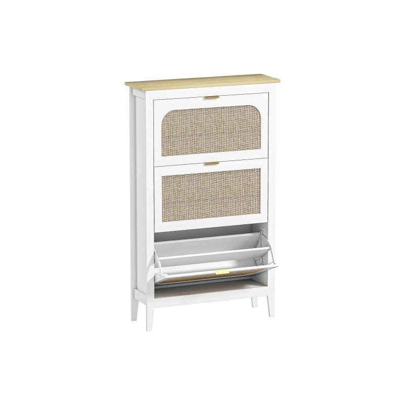 Beyaz Meşe Rattan Detaylı 3 Düşer Kapaklı Gold Kulplu Ayakkabılık - 80x24x131 cm - 118375