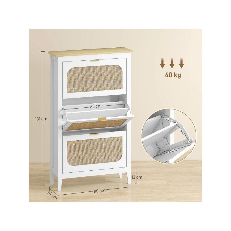 Beyaz Meşe Rattan Detaylı 3 Düşer Kapaklı Gold Kulplu Ayakkabılık - 80x24x131 cm - 118375