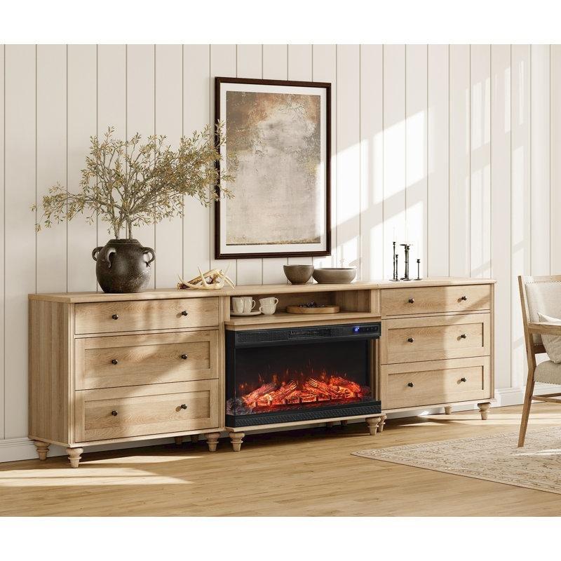 Beyaz Meşe Üstlü Masif ve Endüstriyel Ahşap 6 Çekmeceli Elektrikli Şömineli Konsol - 268x40x79 cm - 129232