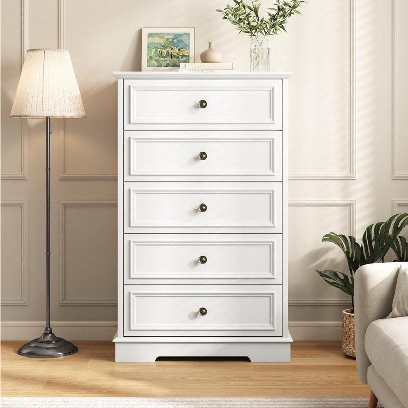 Beyaz Meşe ve MDF 5 Çekmeceli Bronz Kulplu Vintage Şifonyer - 70x40x112 cm - 123028