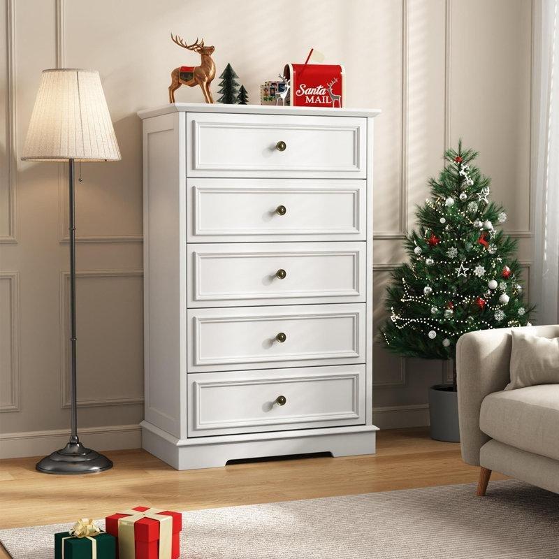 Beyaz Meşe ve MDF 5 Çekmeceli Bronz Kulplu Vintage Şifonyer - 70x40x112 cm - 123028