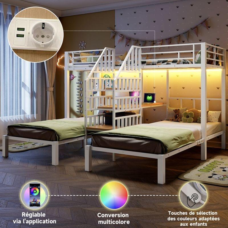 Beyaz Metal 3 Kişilik Çalışma Masalı ve LED Işıklı Depolamalı Merdivenli Ranza - 90x200 cm - 125917