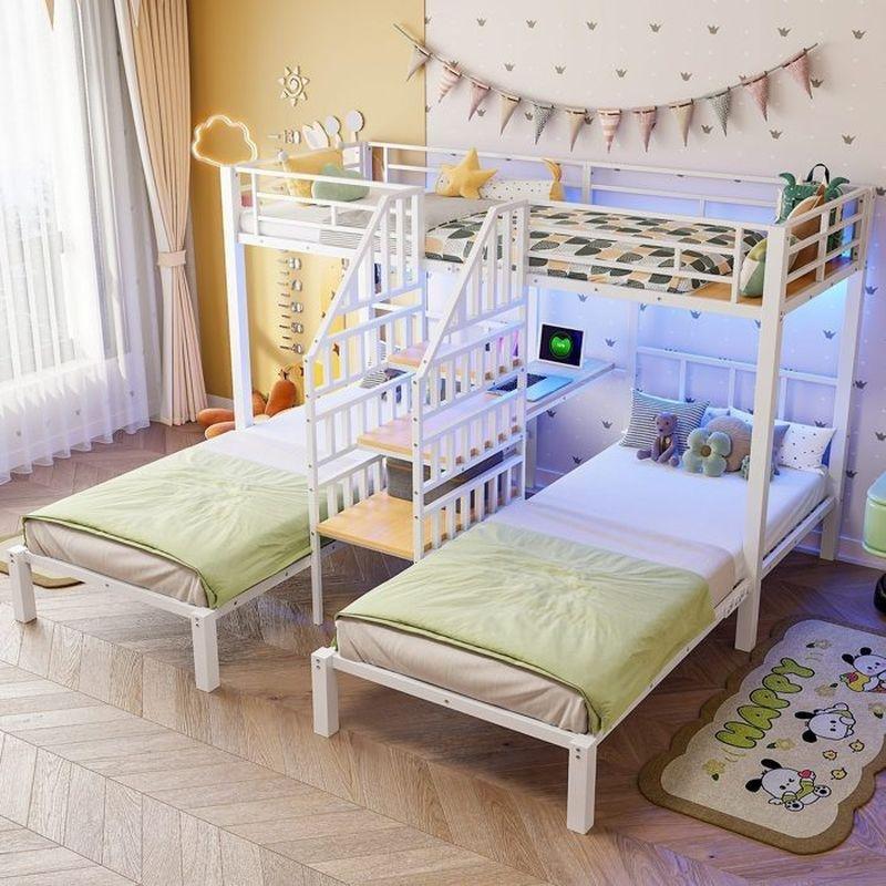 Beyaz Metal 3 Kişilik Çalışma Masalı ve LED Işıklı Depolamalı Merdivenli Ranza - 90x200 cm - 125917