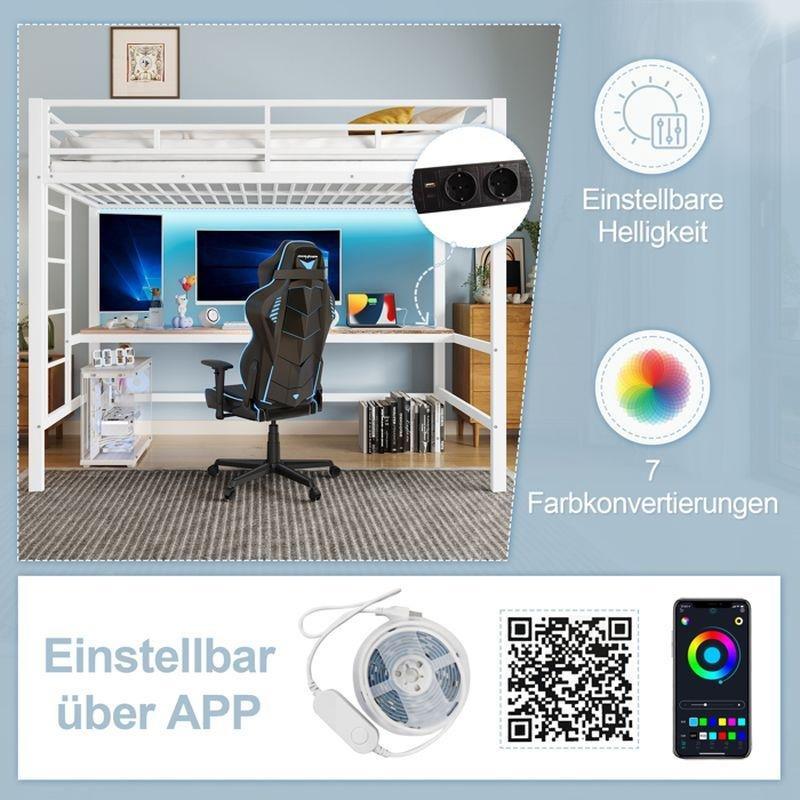 Beyaz Metal App Kontrollü LED Aydınlatmalı ve USB Girişli Çalışma Masalı Ranza - 90x200 cm - 125857