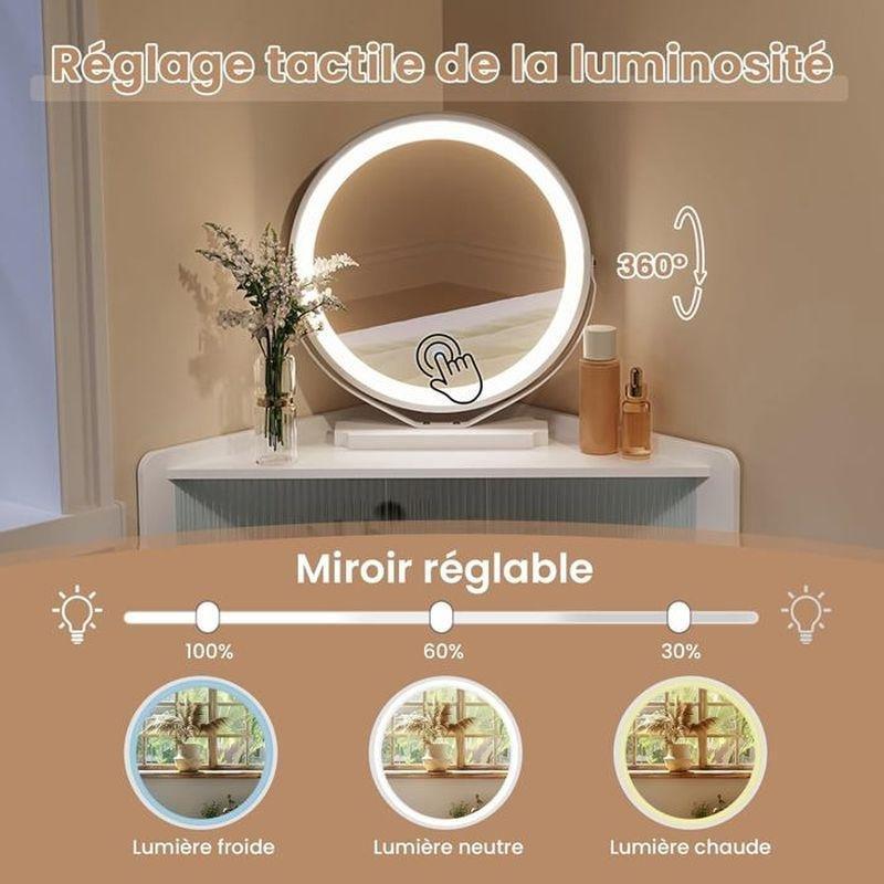 Beyaz Metal Ayaklı LED Işıklı ve Çekmeceli Köşe Makyaj Masası - 99x63x139 cm - 122128