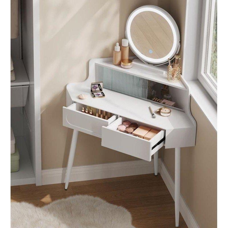 Beyaz Metal Ayaklı LED Işıklı ve Çekmeceli Köşe Makyaj Masası - 99x63x139 cm - 122128