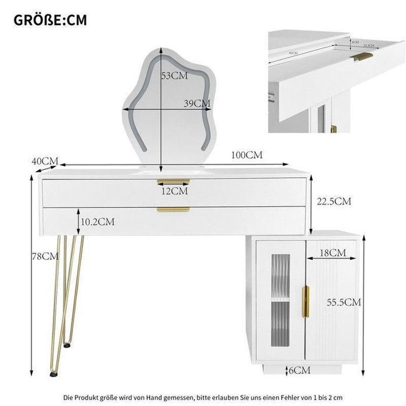 Beyaz Metal Ayaklı LED Işıklı ve Yan Dolaplı Genişletilebilir Makyaj Masası - 100x40x78 cm - 122248