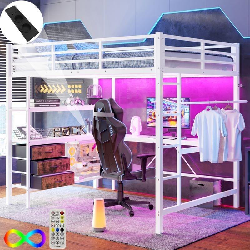 Beyaz Metal Çalışma Masalı LED Işıklı ve USB Girişli Ranza - 140x200 cm - 125923