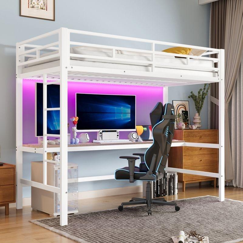 Beyaz Metal Çalışma Masalı, RGB LED ve Şarj İstasyonlu Gamer Ranza - 90x200 cm - 125800