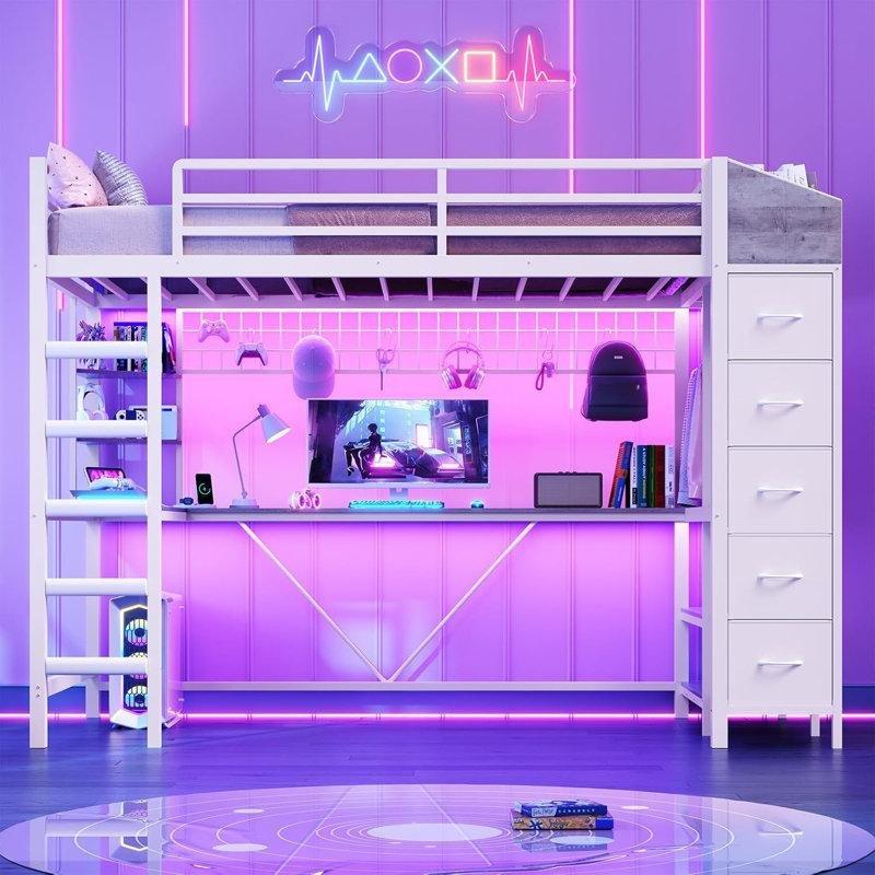 Beyaz Metal Çalışma Masalı ve RGB Led Aydınlatmalı Oyuncu Ranzası - 107x224 cm - 124800
