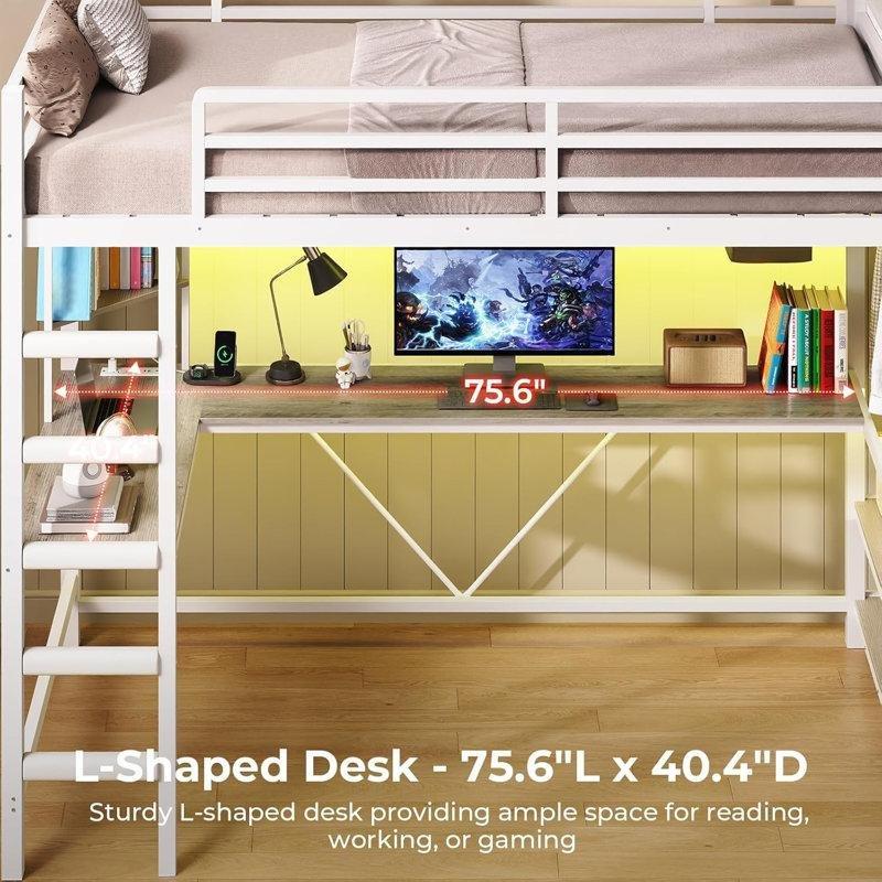 Beyaz Metal Çalışma Masalı ve RGB Led Aydınlatmalı Oyuncu Ranzası - 107x224 cm - 124800