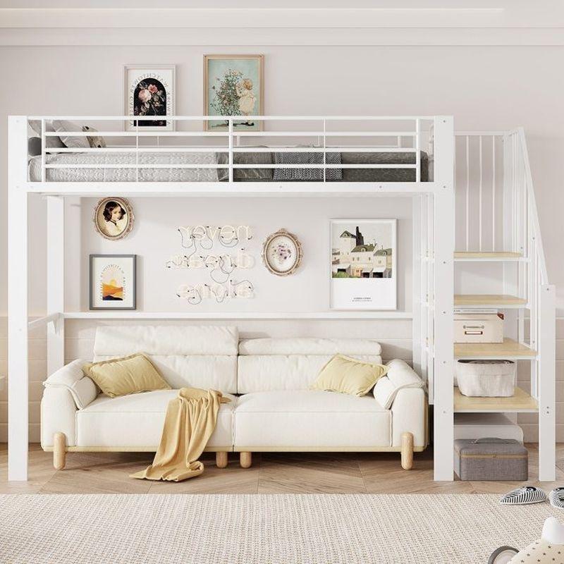 Beyaz Metal Merdivenli ve Depolama Raflı Altı Boş Ranza - 90x200 cm - 125833