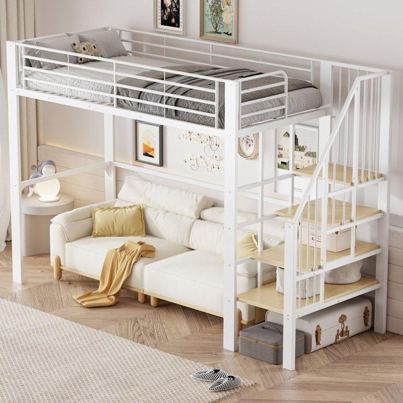 Beyaz Metal Merdivenli ve Depolama Raflı Altı Boş Ranza - 90x200 cm - 125833