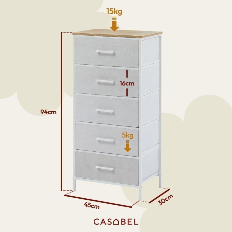 Beyaz Metal ve Ahşap 5 Kumaş Çekmeceli Yüksek Şifonyer - 30x45x94 cm - 123556